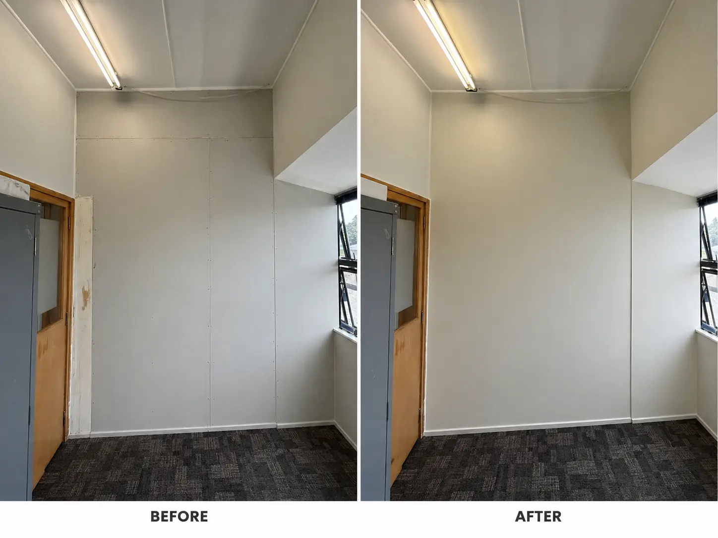 Before and after comparison of an interior wall repaint
